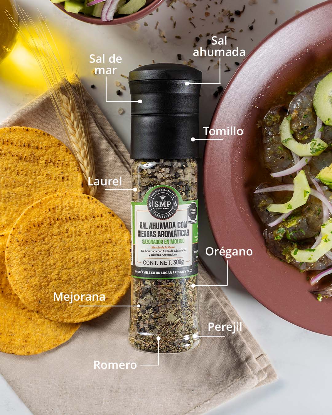 Sazonador en molino Sal Ahumada con Hierbas Aromáticas