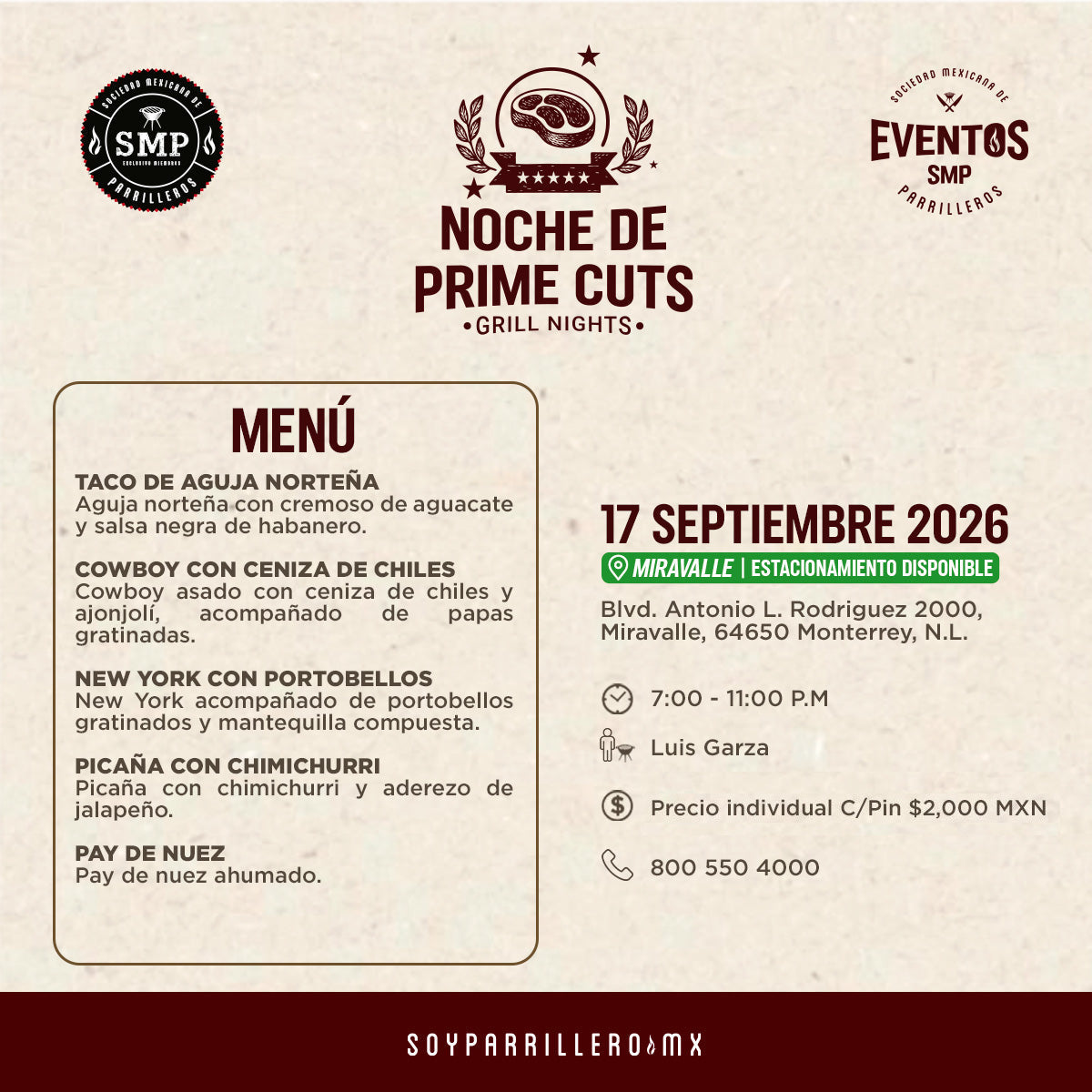 Menú Noche de Prime Cuts Miravalle 17 septiembre 2026 - precio individual c/pin $2,000 MXN