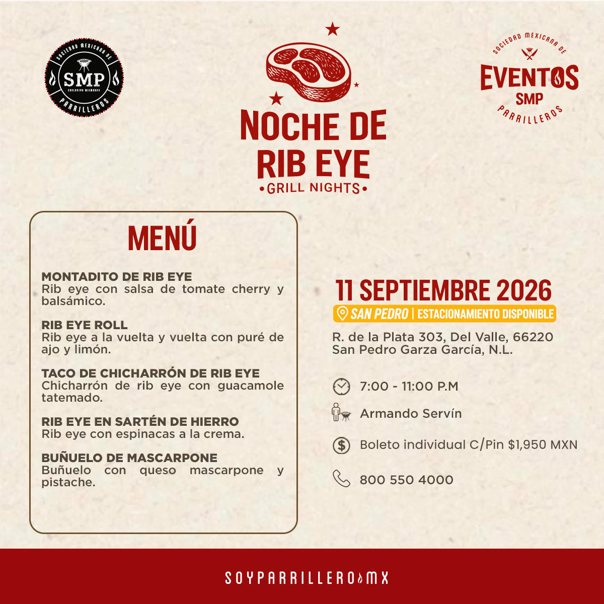 Menú Noche de Rib Eye · San Pedro · 11 Septiembre 2026