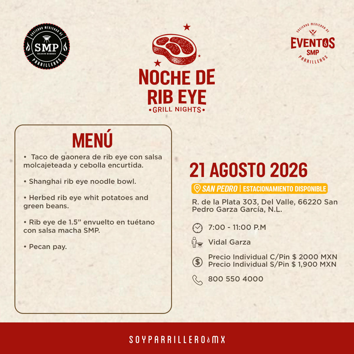 Noche de Rib Eye | San Pedro | 21 Agosto