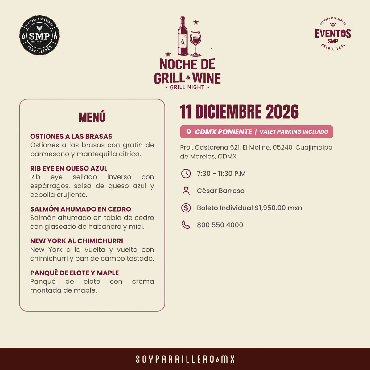 Noche de Grill & Wine | CDMX Poniente | 11 Diciembre
