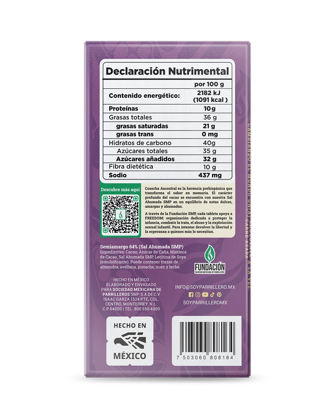 Chocolate Semiamargo con Sal Ahumada SMP 64% Cacao