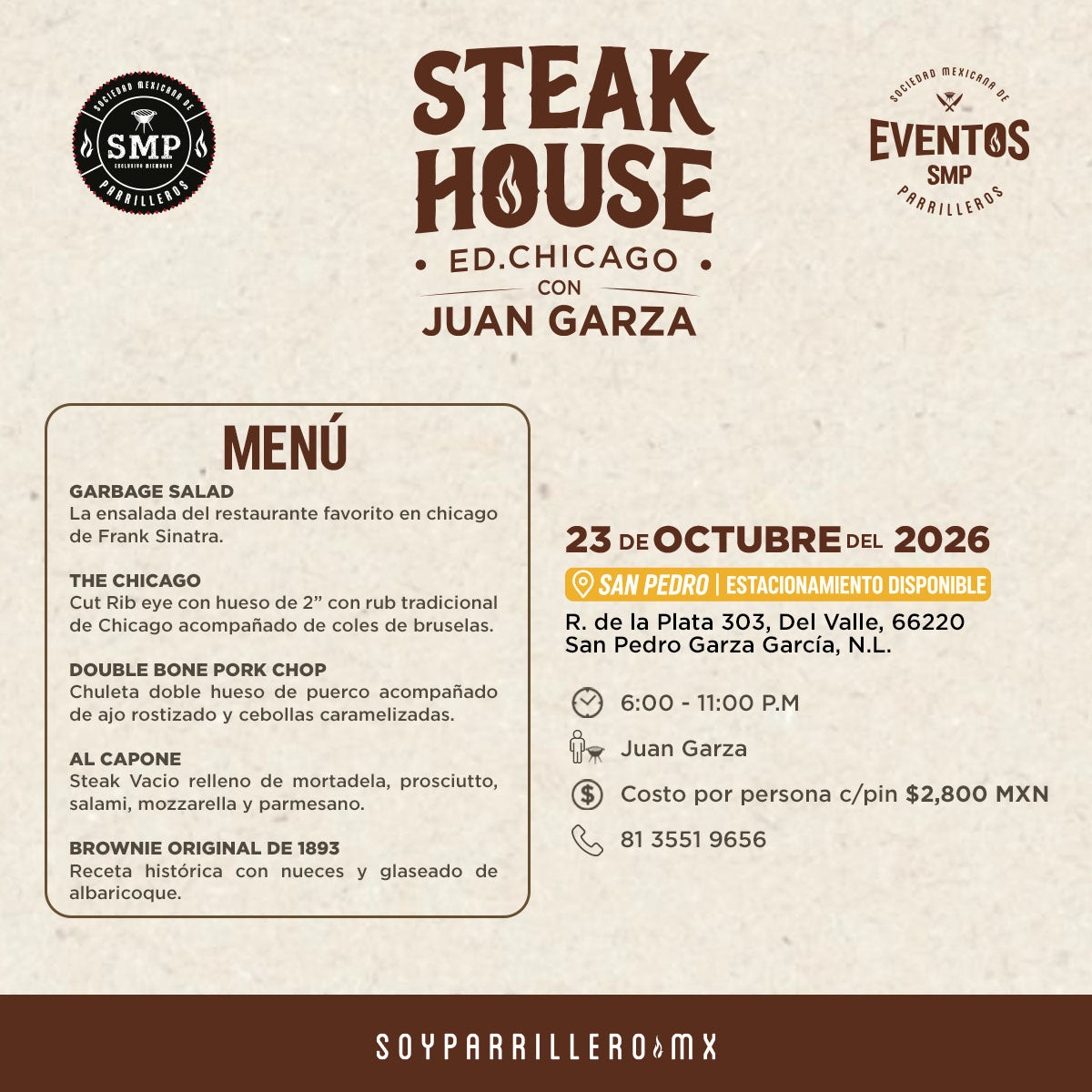 Steak house Ed. Chicago con Juan Garza | San Pedro | 23 Septiembre