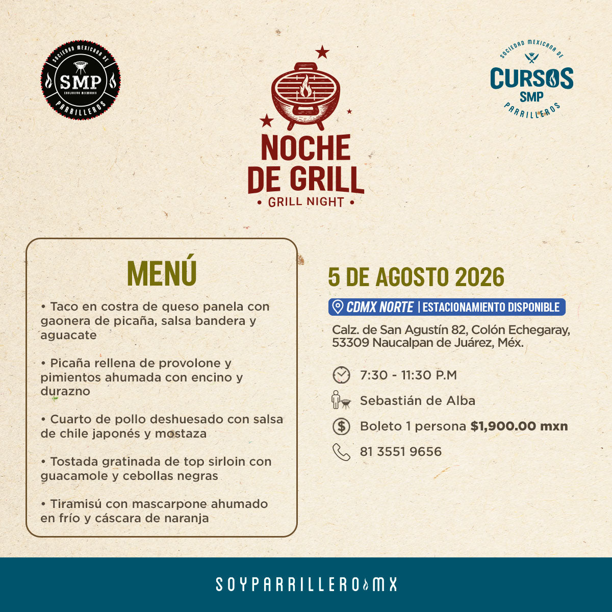 NOCHE DE GRILL| CDMX Norte | 5 de Agosto