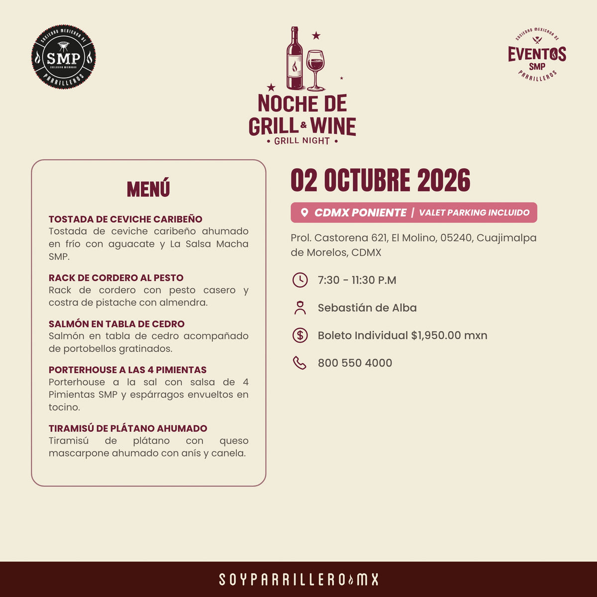 Noche de Grill & Wine | CDMX Poniente | 2 Octubre