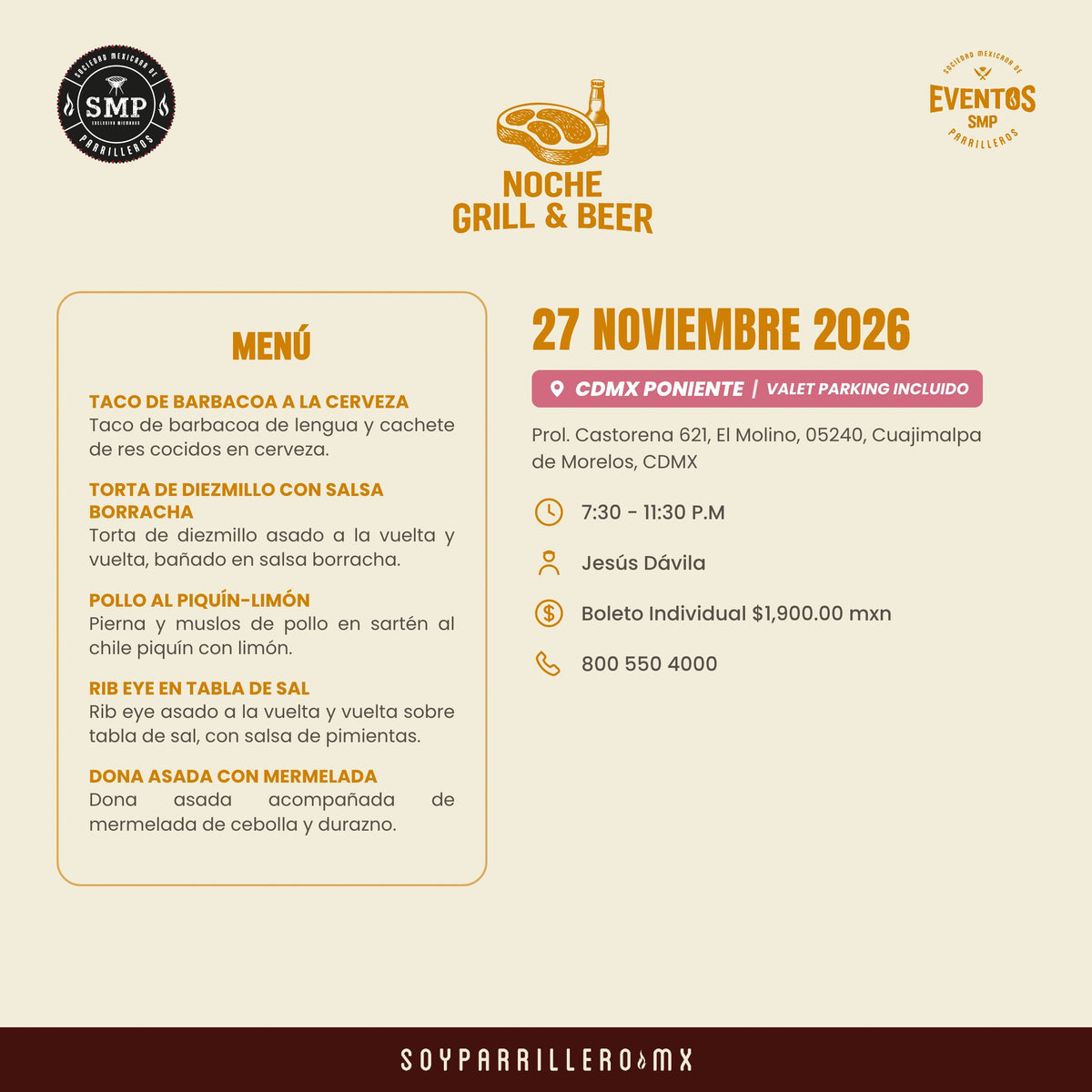 Noche de Grill & Beer | CDMX Poniente | 27 Noviembre