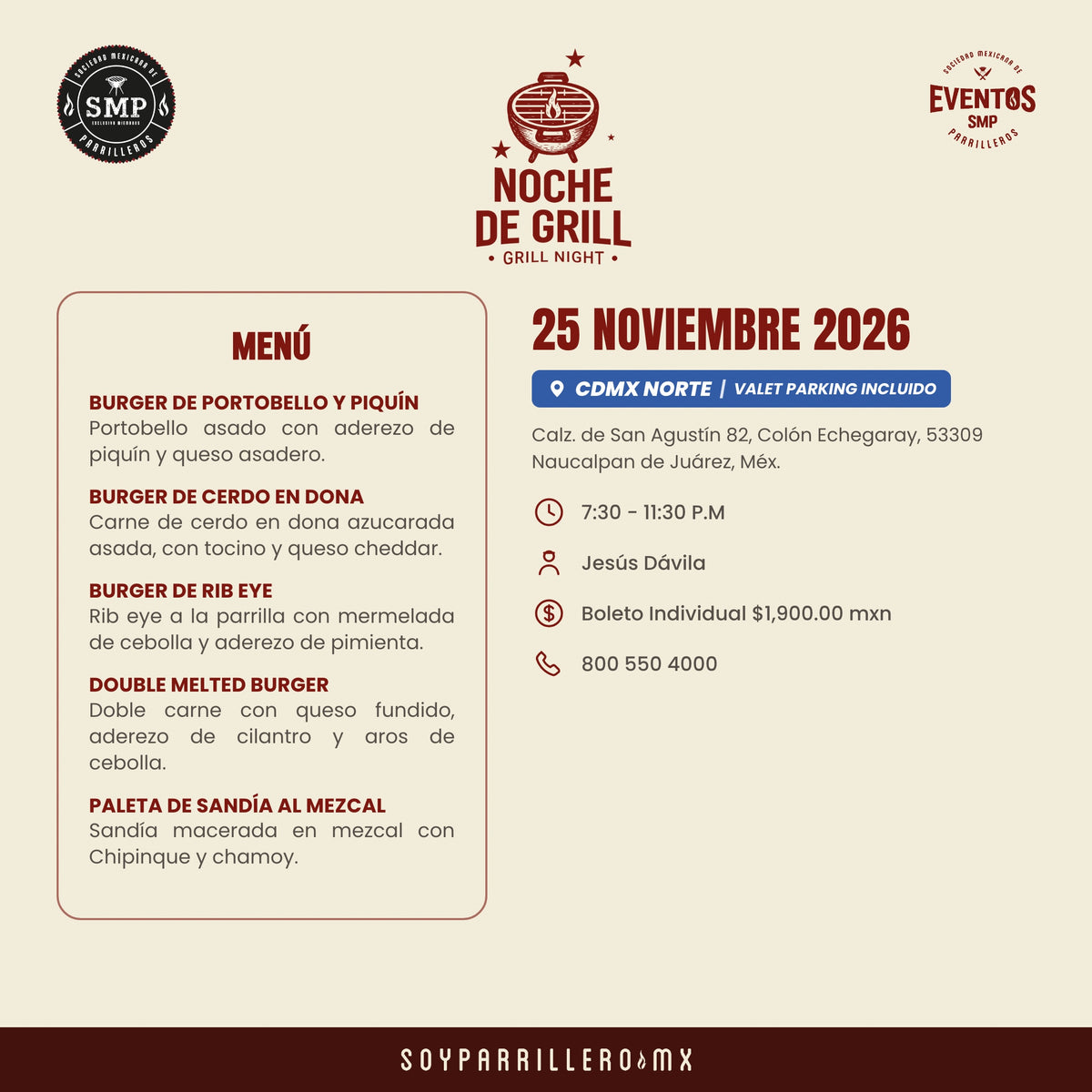 Noche de Grill Edición Hamburguesas | CDMX Norte | 25 Noviembre